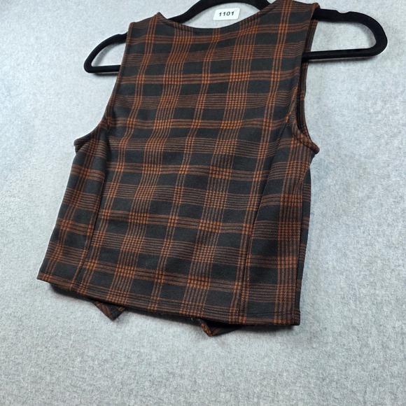 Liz & Sara Womens Brown Black Plaid Button Up Cropped Vest Waistcoat Size S - Picture 6 of 6
